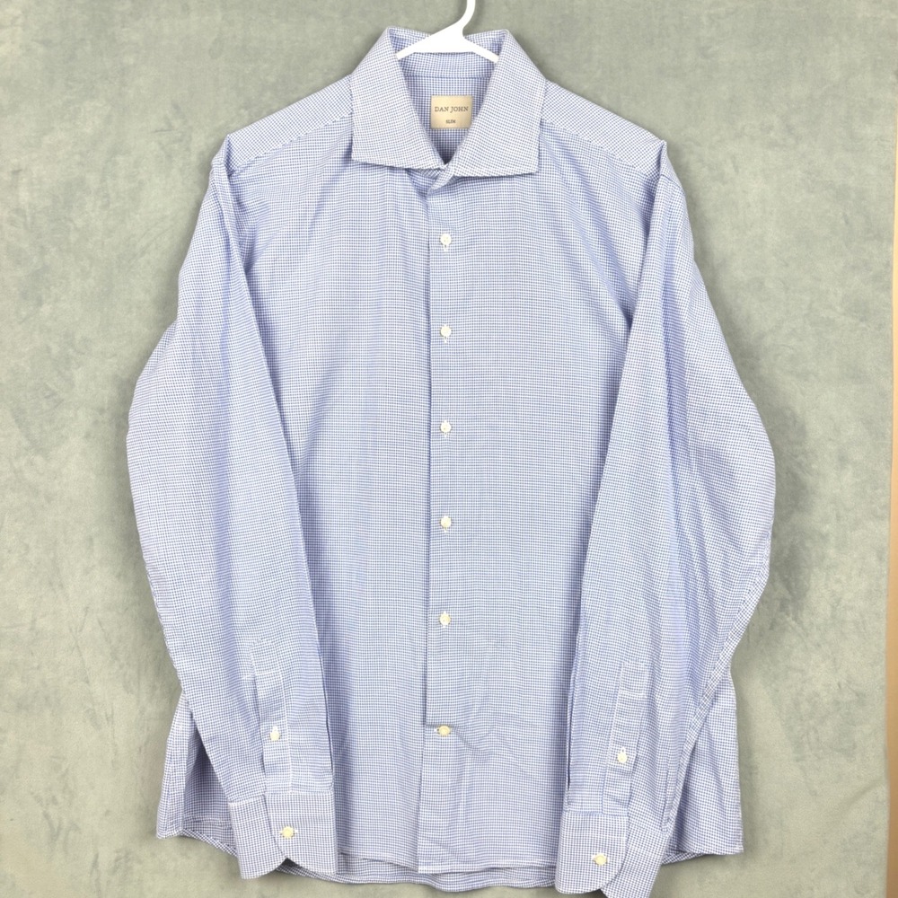 Dan John Italia Slim Fit Blue Houndstooth Dress Shirt Size 44 17.5 YUNC11-1115